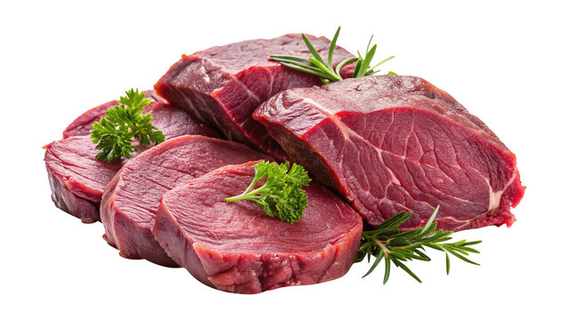 Closeup view of fresh raw red meat steaks garnished with rosemary and parsley