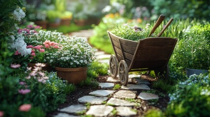 Wooden garden cart filled with flowers, nestled in a flower-filled garden path