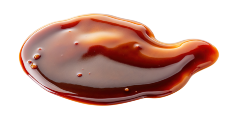 Closeup view of a delicious brown sauce spill isolated on transparent background