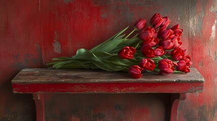 Romantic red tulips bouquet on rustic red wooden shelf life love dark rich bloom still image decor