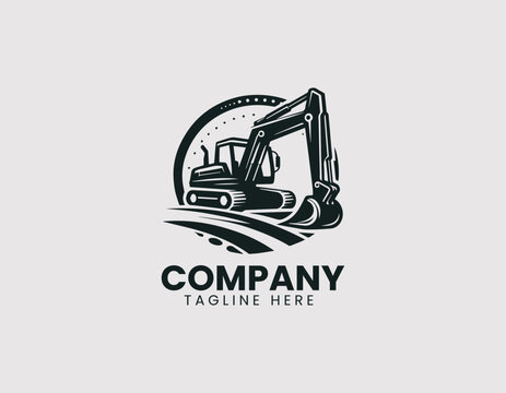Heavy equipment backhoe vector logo design. Industrial construction vehicle with clean and minimal branding.