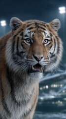 Obraz premium Close-up portrait of a tiger showing its teeth with a stadium in the background at dusk showcasing its presence and commanding gaze