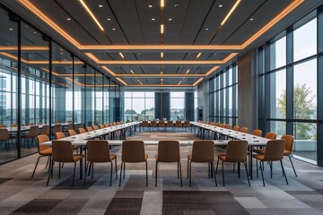 Contemporary Event Space with Versatile Seating and Glass Walls for Corporate Meetings