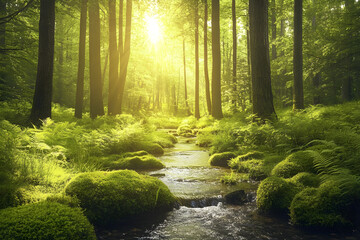 Obraz premium Nature's Tranquil Symphony: A Serene Creek in a Lush, Sunlit Forest Oasis