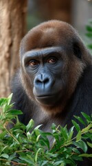 Obraz premium Captivating portrait of a gorilla with striking brown eyes, gazing forward from behind lush green foliage in a naturalistic setting.