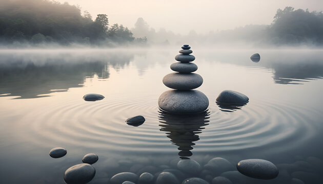 Zen Stones on Tranquil Water with Soft Fog &ndash; Spiritual Minimal Art, No 157