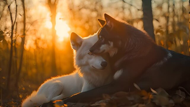 Wolves in forest affectionate animal pair wildlife scene warm light nature theme