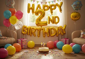 Happy 2nd Birthday Party Balloons, Cake, Decorations, Celebration, Festive, Kids Birthday Event.