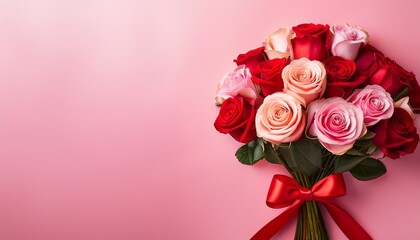 bouquet of pink and red roses with red bow on pink background