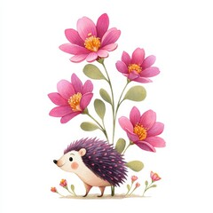 Obraz premium Cute hedgehog with pink flowers watercolor illustration