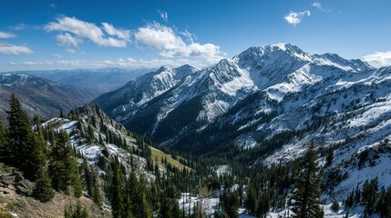 Scenic mountain vista showcasing snowy peaks and lush valleys.