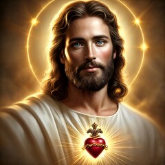 Portrait of Jesus with sacred heart and glowing aura