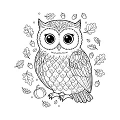 owl illustration on autumn. coloring page