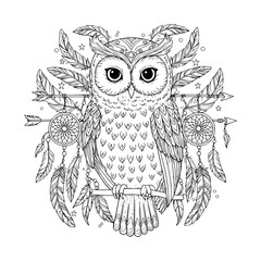 A whimsical owl with dreamcatcher feathers and bohemian symbols (arrows, feathers, beads). vector illustration