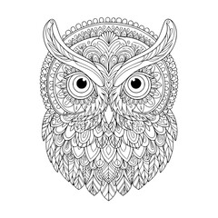 owl face. mandala style. illustration. coloring page for adult
