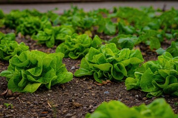 Rows of vibrant green butterhead lettuce plants growing in dark soil. Fresh and organic vegetables in a garden.