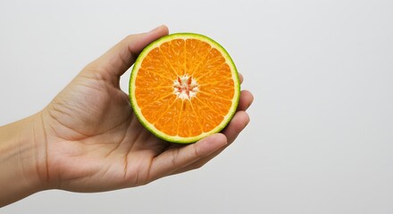 Juicy orange slice with green skin held in hand close-up.