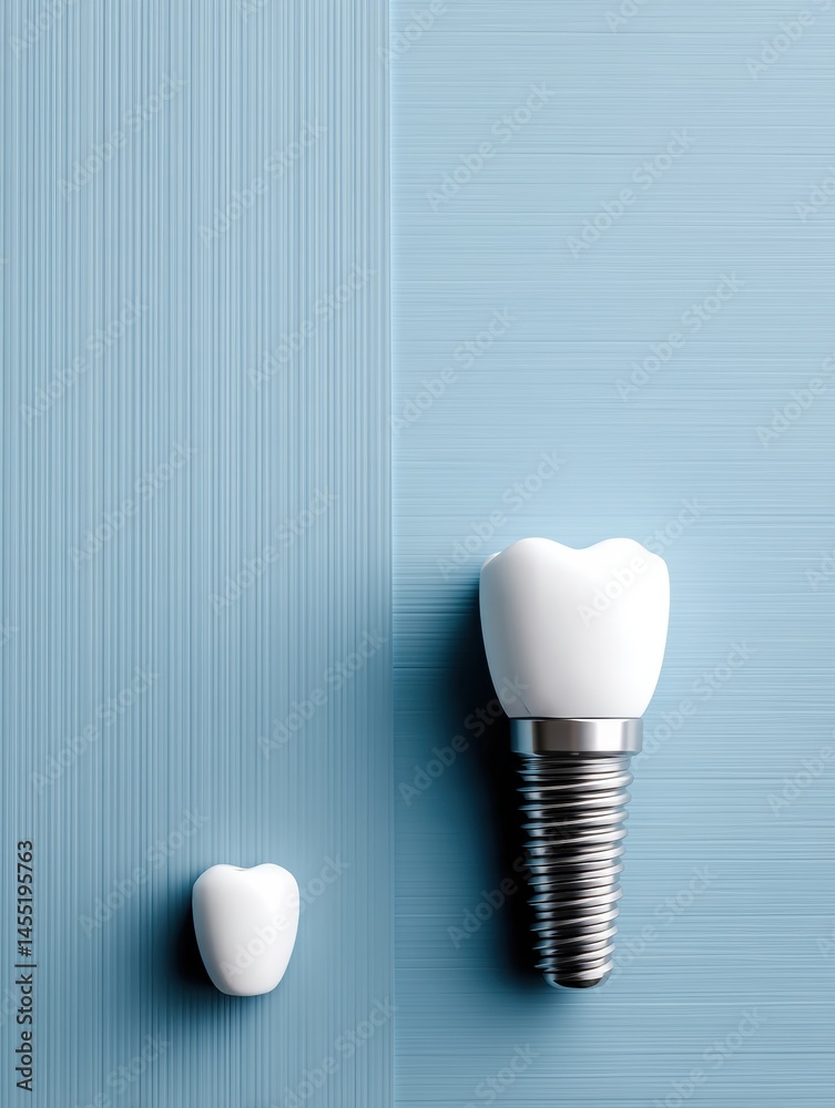 Poster display of a clean tooth implant alongside a natural tooth on a muted blue background with ample cop