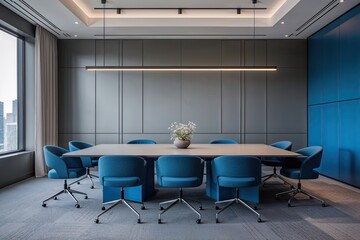Sleek Minimalist Corporate Meeting Space Featuring Slate Gray and Cobalt Blue Furniture