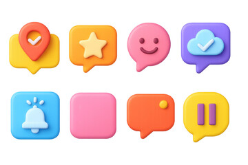 3D icon set of notification tools: check-in reminder, daily quote, positive ping, reflection prompt, calming alert, app icon, new message dot, pause alert.