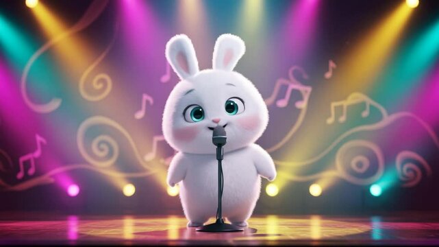 Adorable Bunny Pop Star: A 3D Rendered Image of a Cute Rabbit Singing on Stage