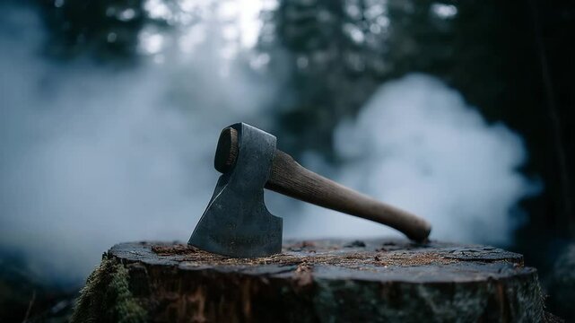Rusty axe with wooden handle rests on a tree stump, surrounded by atmospheric smoke and blurred forest background. Dark, moody lighting.