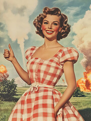 Vintage style advertisement with a smiling woman and an explosion in the background.
