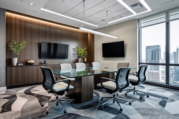 Modern Corporate Office with Glass Conference Table Ergonomic Chairs and Advanced AV Technology for Productive Meetings and Collaboration