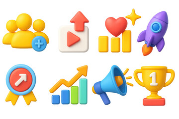 3D icon set of creator growth metrics: new followers, content reach, engagement spike, algorithm boost, trending badge, viral chart, traffic boost, milestone trophy.