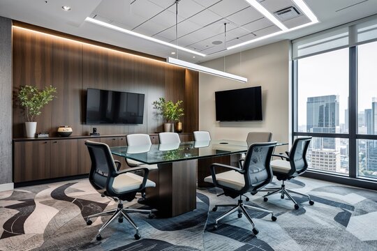 Modern Corporate Office with Glass Conference Table Ergonomic Chairs and Advanced AV Technology for Productive Meetings and Collaboration