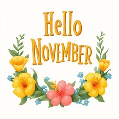 Fototapeta premium Hello november text with colorful hibiscus and yellow flowers on white background