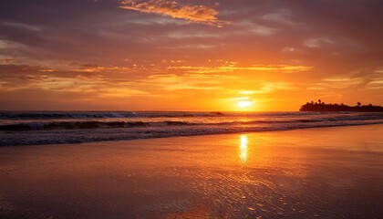 Obraz premium tranquil sunset over calm ocean with vibrant orange sky reflected in water on serene evening beach scene