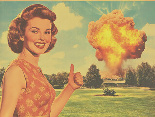 Vintage style advertisement with a smiling woman and an explosion in the background.