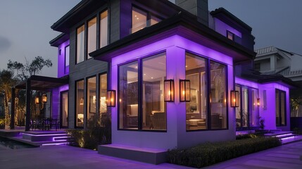 Modern residence exterior illuminated by purple lights at twilight.
