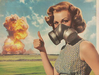 Vintage style advertisement with a smiling woman and an explosion in the background.