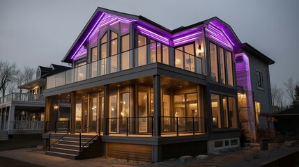 Obraz premium Modern waterfront home illuminated with purple lights at dusk.