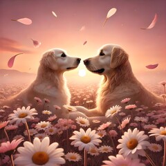 Romantic dogs at sunset