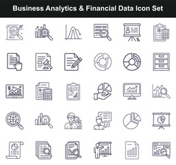 Line art icon set features financial charts and business analysis tools for data visualization