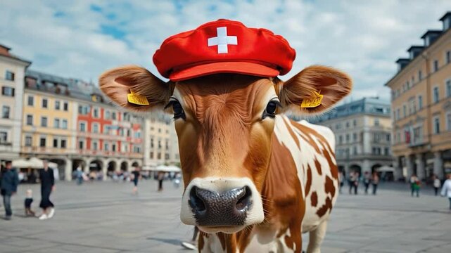 Cow in Swiss Hat, City Square.  Possible Stock Photo