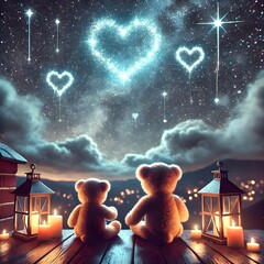 Teddy bears watching glowing heart clouds
