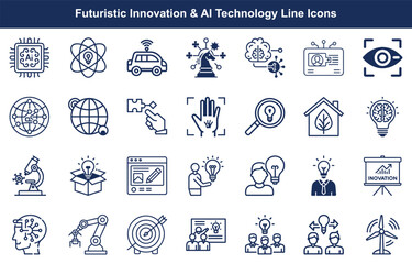 Obraz premium Various artificial intelligence and innovation technology line icons offer futuristic concepts and solutions