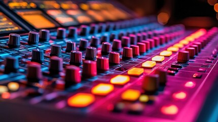 Fototapeta premium Mixing console illuminated in vibrant studio setting