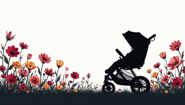 Black and white stroller silhouettes in a whimsical floral arrangement , whimsical, abstract