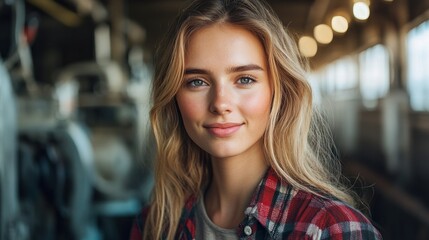 Obraz premium Young woman in plaid shirt, industrial setting