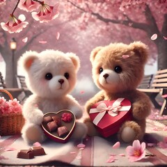 Teddy bear couple with gift under cherry blossom