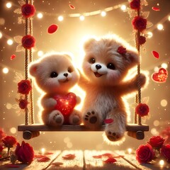 Romantic teddy bears holding hands at sunset