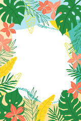 Tropical botanical frame with colorful foliage and flowers. Summer bright vertical banner. Perfect for greeting cards, wedding invitations, social media or summer themed templates.