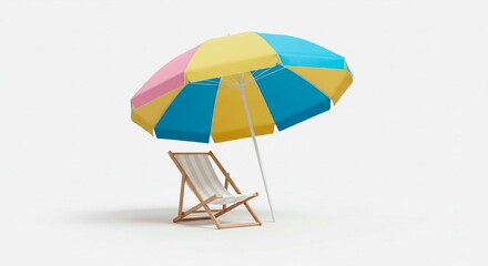 A beach chair and multicolored umbrella on a white background creating a summer vacation scene idea