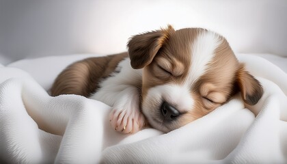 sweety puppy sleeps on a white blanket