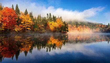 a serene lake reflecting colorful autumnal trees and misty atmosphere